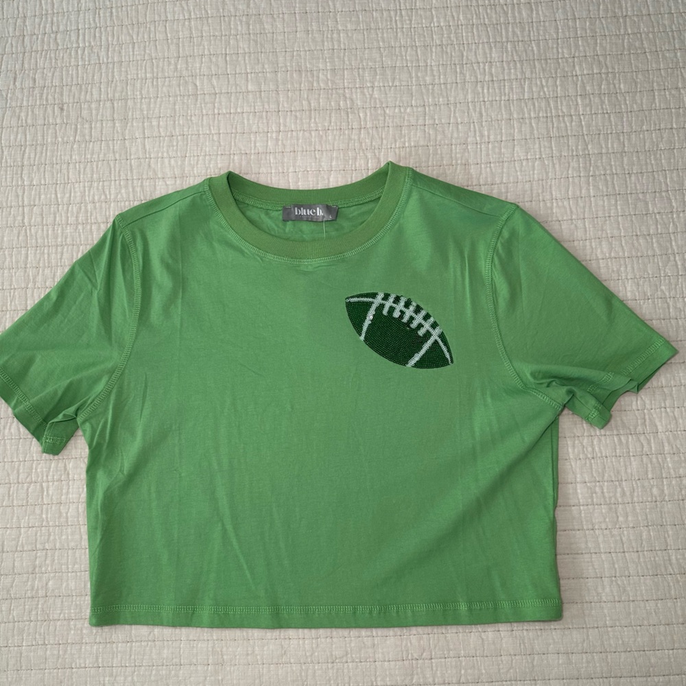 NWT Green Short Sleeve, cropped Tee with Sequin Football Graphic